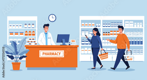 Illustration a woman and a man are buying medicine at a drugstore