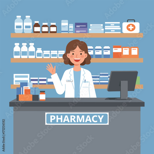 A woman pharmacist is tending to his drugstore, vector illustration