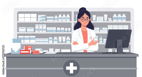 A woman pharmacist is tending to his drugstore, vector illustration