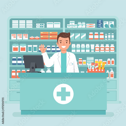 A pharmacist is tending to his drugstore, vector illustration design