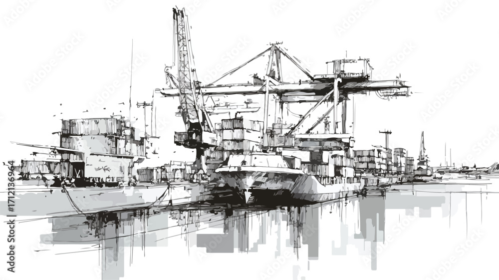 Fototapeta premium Container Port Logistics Sketch: Cargo Ship and Cranes in Action