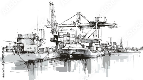 Container Port Logistics Sketch: Cargo Ship and Cranes in Action