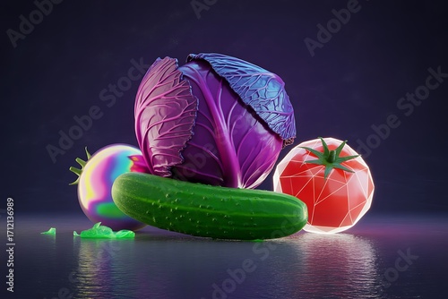 Futuristic Still Life of Vegetables with Red Cabbage Tomato and Cucumber Glowing in a Studio Setting with Dark Background