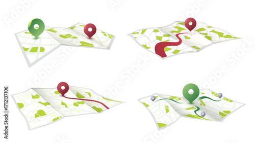 Set of 4 paper city layouts with location pins and routes. Paper effect with parks, areas, location icons. 3D perspective vector illustration