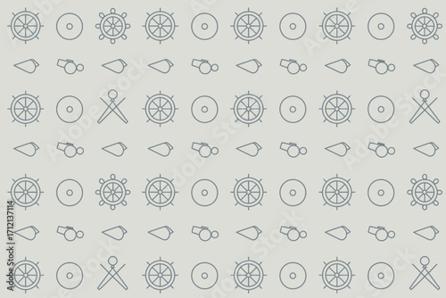 Repeating pattern of nautical themed icons including ships wheels circles whistles and dividers on gray background