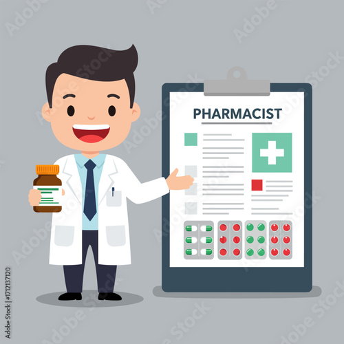 A pharmacist holding medicine and a doctor's prescription, vector illustration