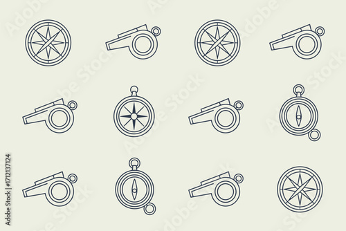 A pattern of compasses and whistles in a simple line drawing style on a light background surface design