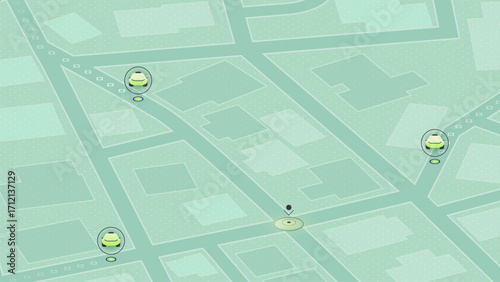 GPS Navigation Map with Ride Hailing Cars. Smart taxi booking service on city map. Car sharing and modern urban transport solutions. Vector illustration