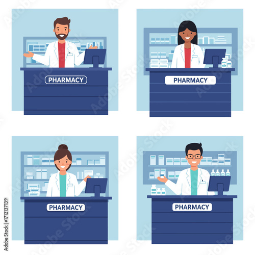 Cashier desk portrait in a pharmacy store, flat design illustration design