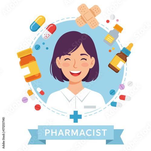 A women with a profession in pharmacy, flat design illustration design