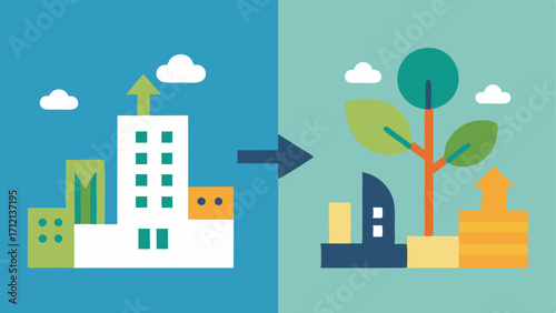 one showing stress like a busy city and another showing relaxation like a peaceful garden with arrows indicating potential lifestyle shifts.