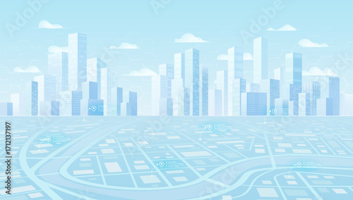 Cityscape with geolocation pins and data points. Digital Navigation Map Interface. Futuristic smart navigation system in modern city. Vector illustration