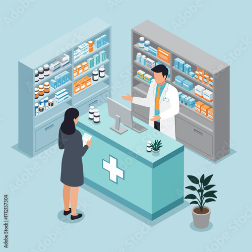 3D isometric pharmachy store, vector illustration