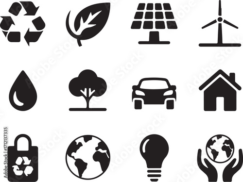 Sustainable living icons: energy, nature, and eco-friendly choices