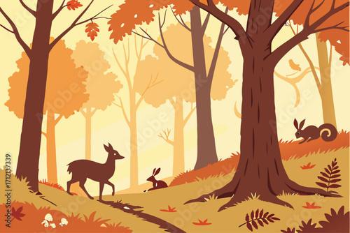 Whimsical autumn forest animals illustration with woodland creatures