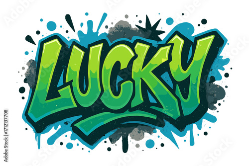 Lucky word in urban graffiti style. Y2K street art typography design. Grunge vector illustration for t-shirt print. Hip hop culture lettering with spray paint effect.