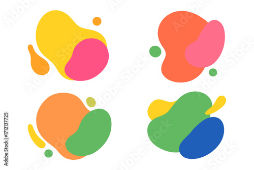 Set of bright summer abstract liquid shapes with paper cutout texture. Modern minimal graphic elements for ads. Juicy, colorful, fluid amoeba blobs for backgrounds and cards.