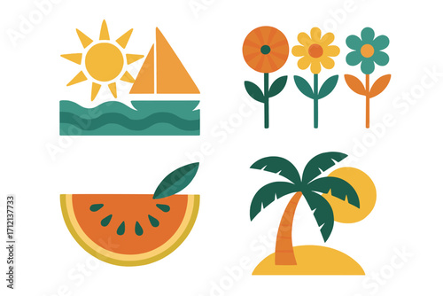 Summer vacation vintage icon set. Retro travel illustration collection with sailboat, sea, sun, palm tree, island, flower, watermelon. Flat design elements for poster, card, web.