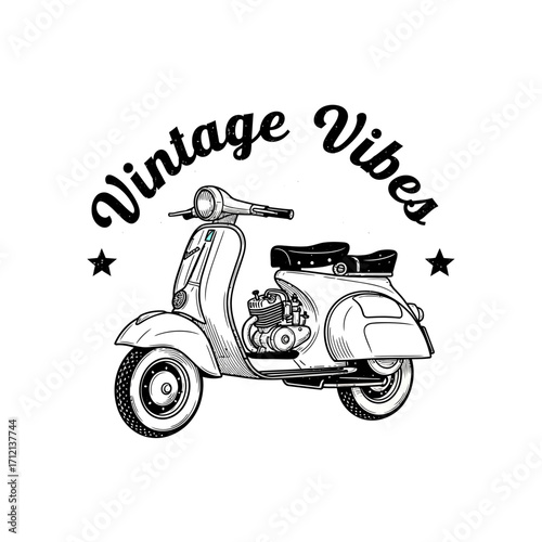 Vintage scooter illustration with "Vintage Vibes" text and star accents.