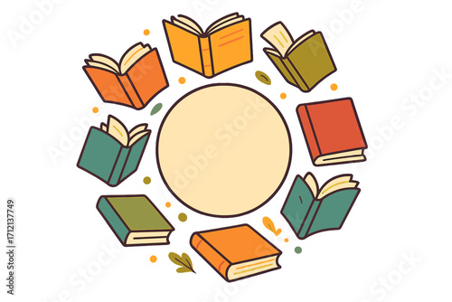 Modern flat design banner for a book festival, reading club, or world book day. Circle frame concept with flying books for education, library, and literature promotion.