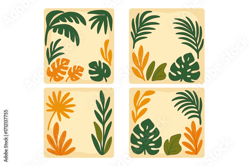 Set of four contemporary posters with tropical palm leaves. Groovy 70s style frames with copy space. Minimalist boho art for covers, prints, and social media banners.