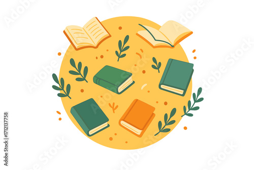 Book club concept illustration. Reading, literature, and education banner. Modern flat design for a book festival or world book day. Vector graphic with flying books and leaves.