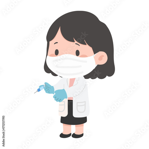 Cartoon Doctor with Syringe Wearing Mask