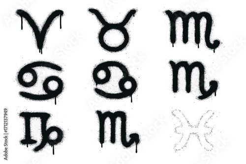 Black paint sprayed zodiac signs in urban grunge graffiti style. Textured hand drawn vector illustration. Astrology horoscope symbols stencil art with leaks and drops concept.