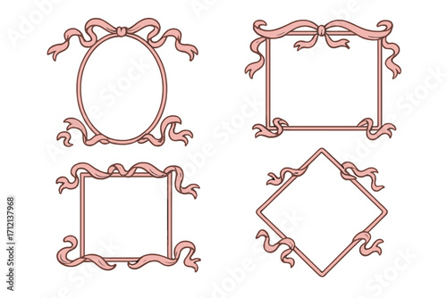 Elegant pink ribbon frames set. Hand drawn vintage borders with bows. Decorative vector collection for wedding invitation, greeting card, cute feminine label and tag design.