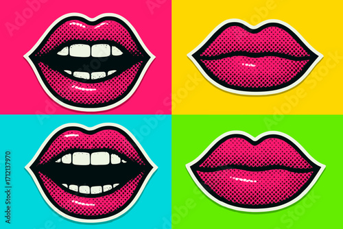 Pop art vector set of female mouths. Retro halftone lips collection. Open mouth smile with white teeth and closed lips. Colorful neon y2k background. Comic book style.