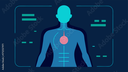 3D Body Scan Display A closeup of a digital screen showcasing a vibrant 3D scan of a human torso with highlighted areas indicating potential health concerns.