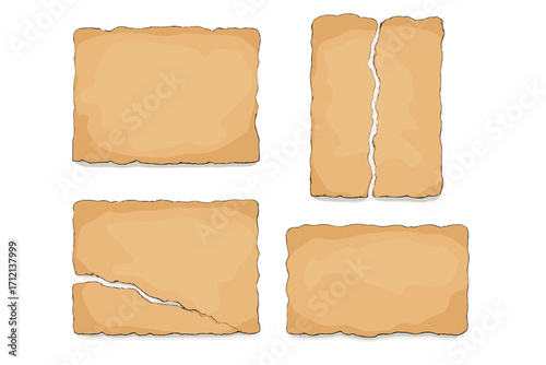 Set of old torn paper sheets with uneven edges. Vintage parchment for scrapbook. Ripped aged manuscript scroll. Realistic vector illustration for decoration or banner design.