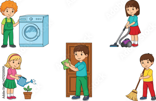 Children doing household chores illustration, kids cleaning, vacuuming, watering plants, washing laundry, sweeping floor, home responsibility, daily routine, family education