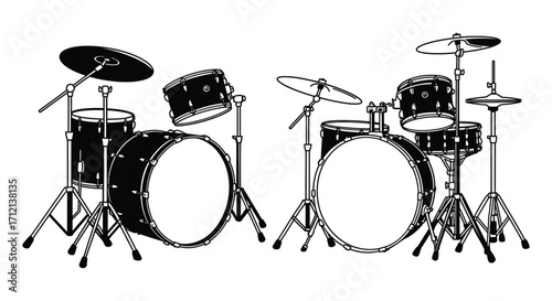 Black and white illustration of a complete drum set for music creation
