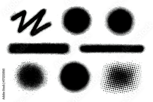 Spray painted graffiti shapes set. Grunge street art elements. Messy urban aerosol splatter, zigzag lines, dirty dots, circle texture and halftone print for graphic design.