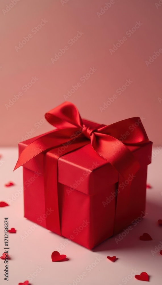 Obraz premium Red gift box closeup, elegant red bow Birthday, Valentine's, Mother's Day , holiday gift, detail, red