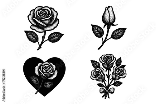 Monochrome halftone roses collage with retro 80s style, springtime elements for Valentine's Day, March 8, bouquet, rosebuds, heart, vintage flower vector illustrations