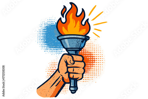 Retro halftone collage of hand holding burning torch with fire, symbolizing success, victory, energy, and sports achievement, vintage vector illustration for dynamic design