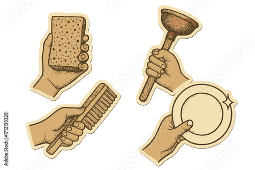Vintage halftone collage set of hands holding cleaning tools and housekeeping equipment including sponge, plunger, brush, and sparkling washed plate. House spring cleaning concept