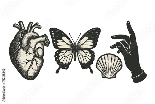 Trendy vintage summer vibes elements with retro photocopy effect, Y2K aesthetic design featuring human heart anatomy, butterfly, seashell, and elegant female hand silhouette