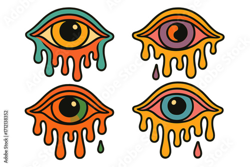 Surreal psychedelic melting eyes set, dripping colorful eyes vector illustration, hand-drawn 70s retro style cartoon elements, trippy contour art collection for design