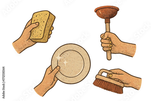 Vintage halftone collage of cleaning tools in hands, sponge, plunger, brush, shiny washed plate, housekeeping equipment, spring house cleaning concept vector