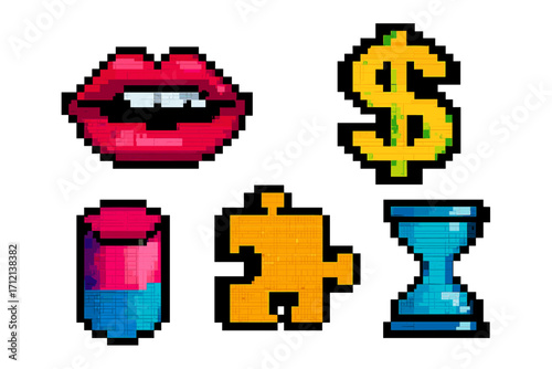 Universal trendy pixel textured geometric 3D shapes set with bright bold colors, digital mouth, dollar sign, cylinder, puzzle piece, and hourglass icons, bitmap graphic elements for modern design