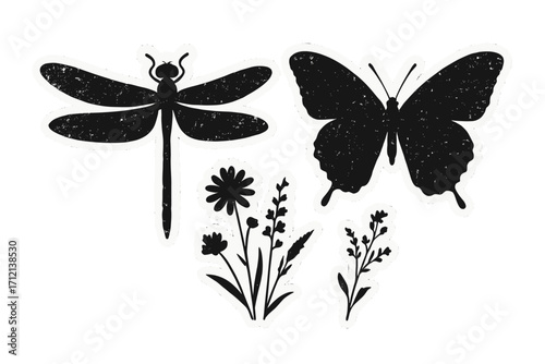 Vintage negative photocopy silhouettes set with dragonfly, butterfly, wild flowers, grunge noise texture, monochrome brutalism art tattoo style contemporary sticker design