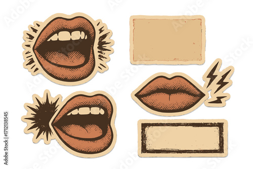 Vintage paper collage stickers set with expressive emotional mouths, grunge elements, distressed paper pieces, halftone lips illustration for banners, posters, and graphics, retro vector design