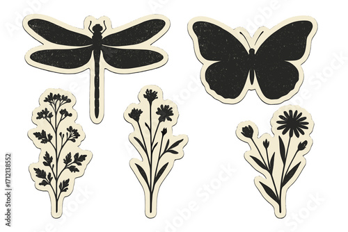 Vintage negative photocopy set of dragonfly, butterfly, and wild flowers silhouettes. Contemporary sticker design with grunge noise texture, monochrome style, brutalism art vector collection.