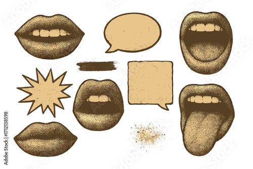 Vintage paper collage stickers set with emotional lips and mouths, grunge elements, halftone lips with speech bubbles, retro style vector graphics for banners, posters, and design