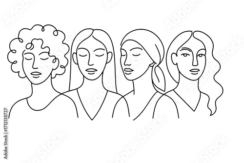 International Women's Day card. Abstract one line portraits of diverse women. Feminism, sisterhood, and empowerment concept. Continuous line drawing vector illustration.