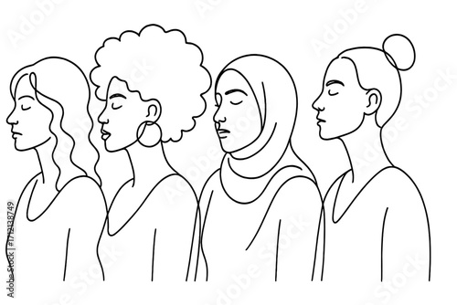 Diverse group of women in profile. Multi-ethnic females united for International Women's Day. One line drawing for feminism, empowerment, sisterhood, and equality concept.