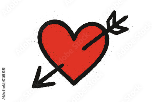 Urban graffiti red heart pierced by arrow, Y2K style Valentine’s Day design, hand-drawn textured vector illustration, cartoon love symbol, print and sublimation art